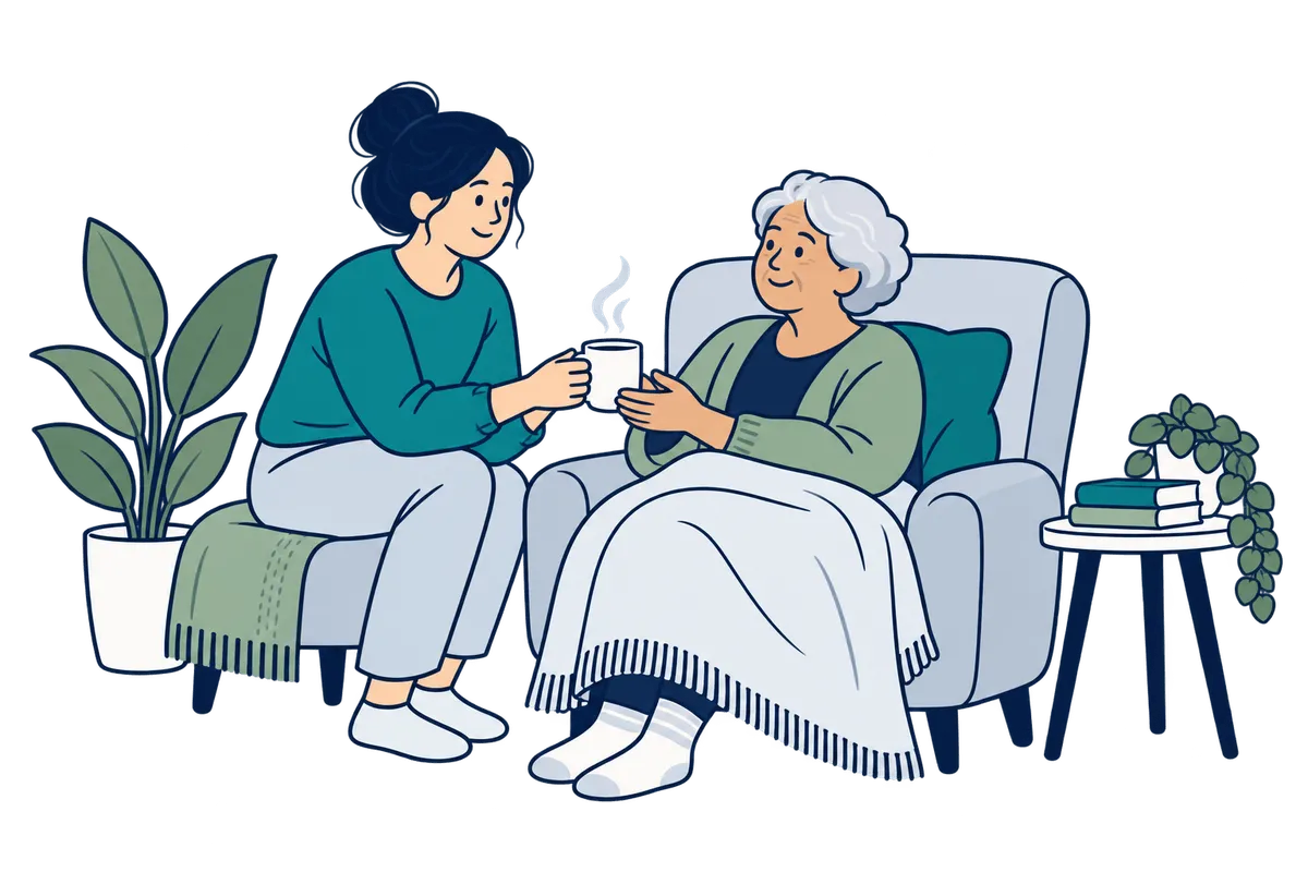 A woman bringing a cup of tea to an older relative resting under a blanket