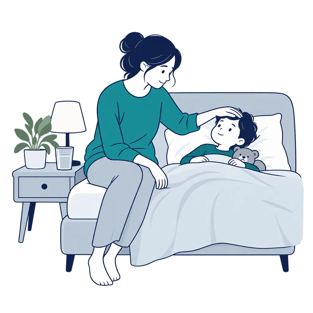A parent sitting beside a child who is resting in bed