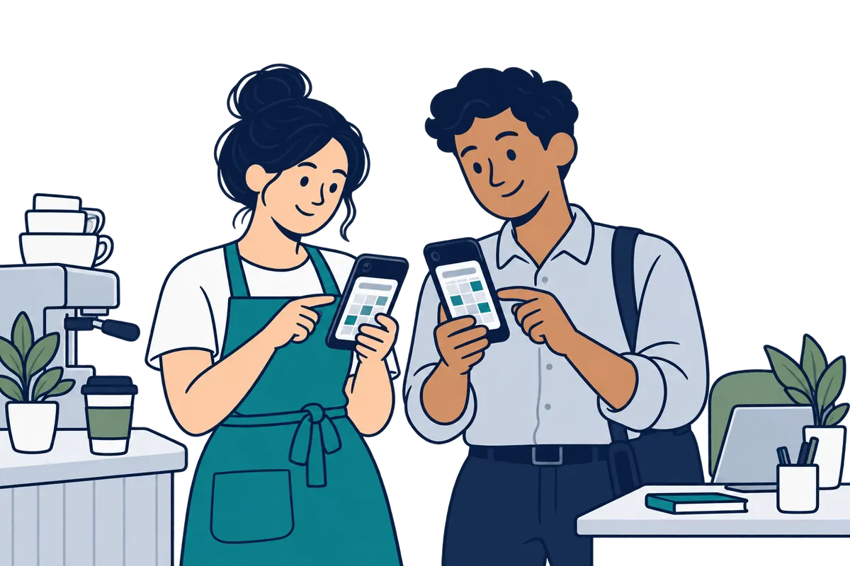 A café worker and an office worker checking their phones