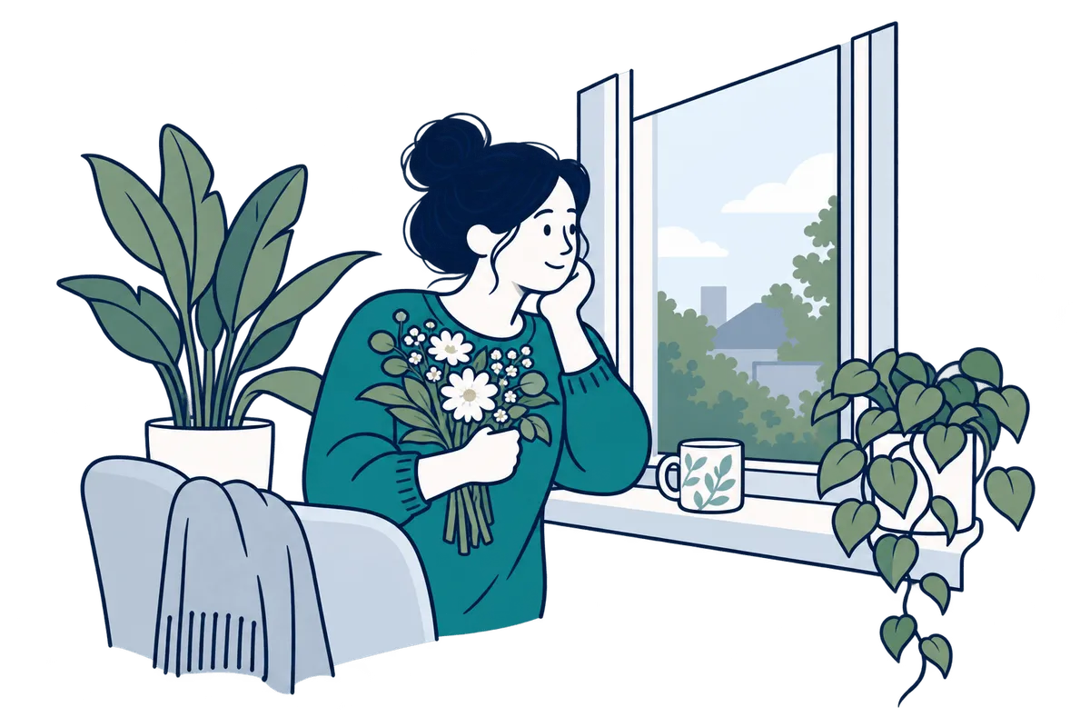 A woman holding a bunch of flowers by a window