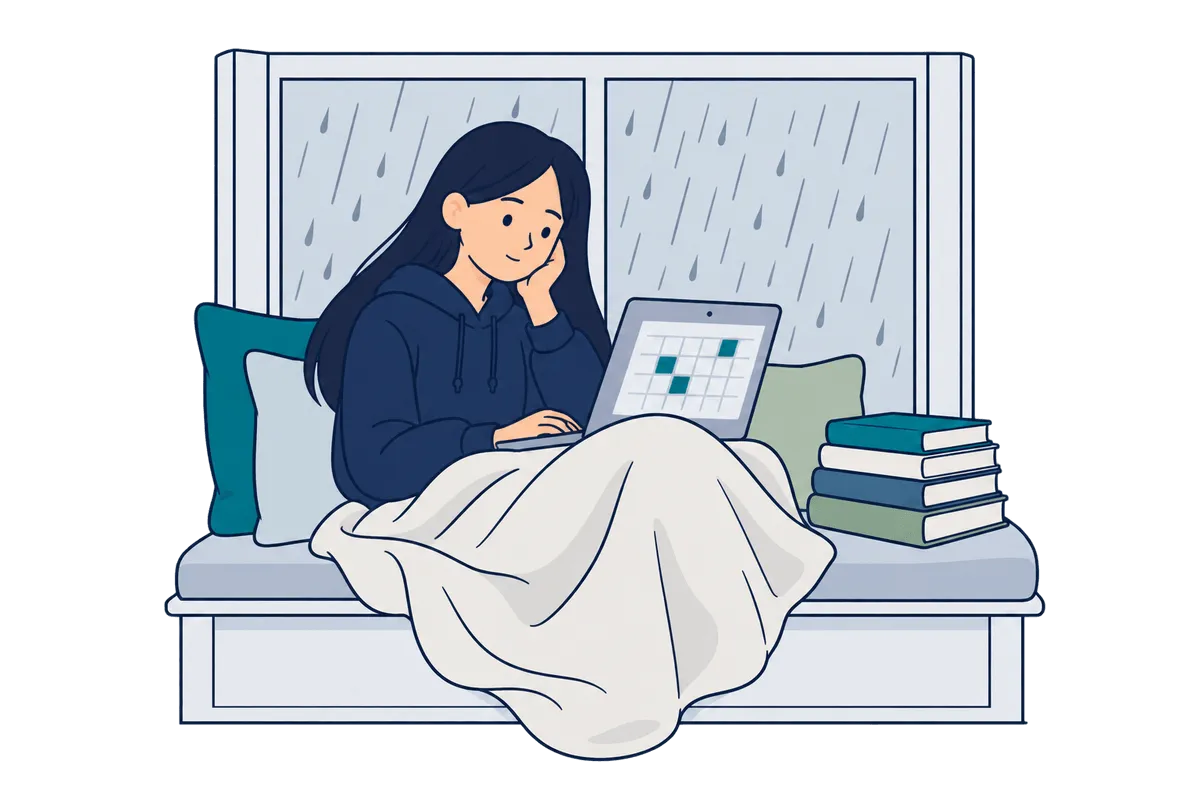 An unwell student under a blanket with a laptop and textbooks