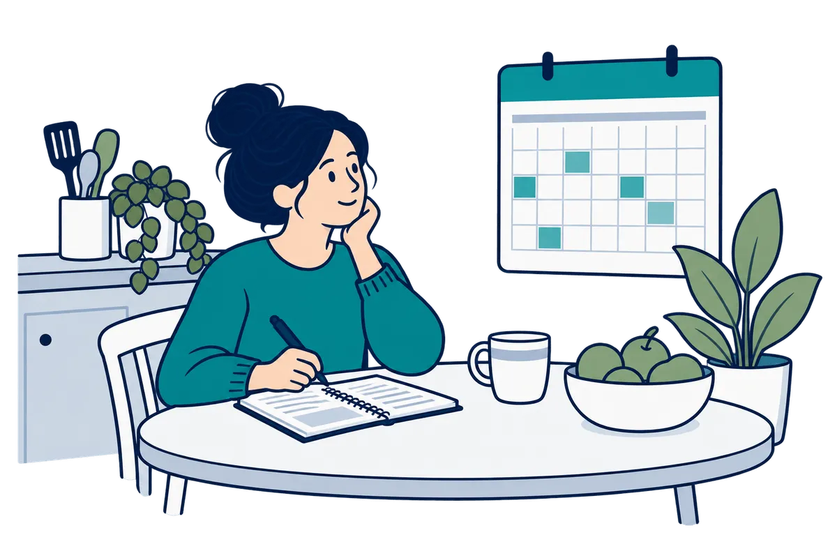 A woman at a table checking a calendar with several days marked