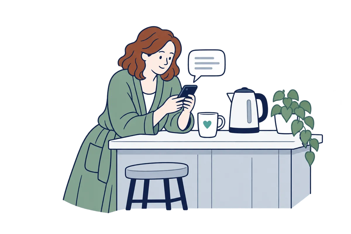 A woman at her kitchen bench texting her manager