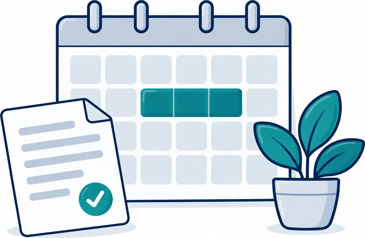 A calendar with three days in a row marked, beside a certificate with a tick