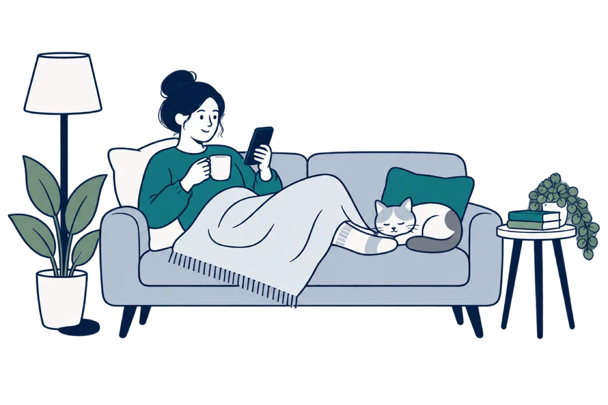 A person resting on a sofa under a blanket with a phone and a cup of tea