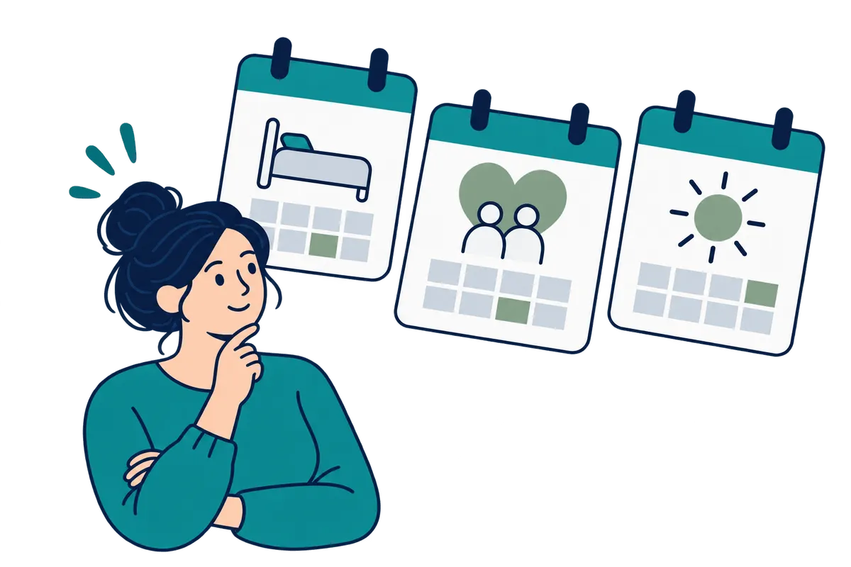 A woman comparing three calendars for illness, family and holidays