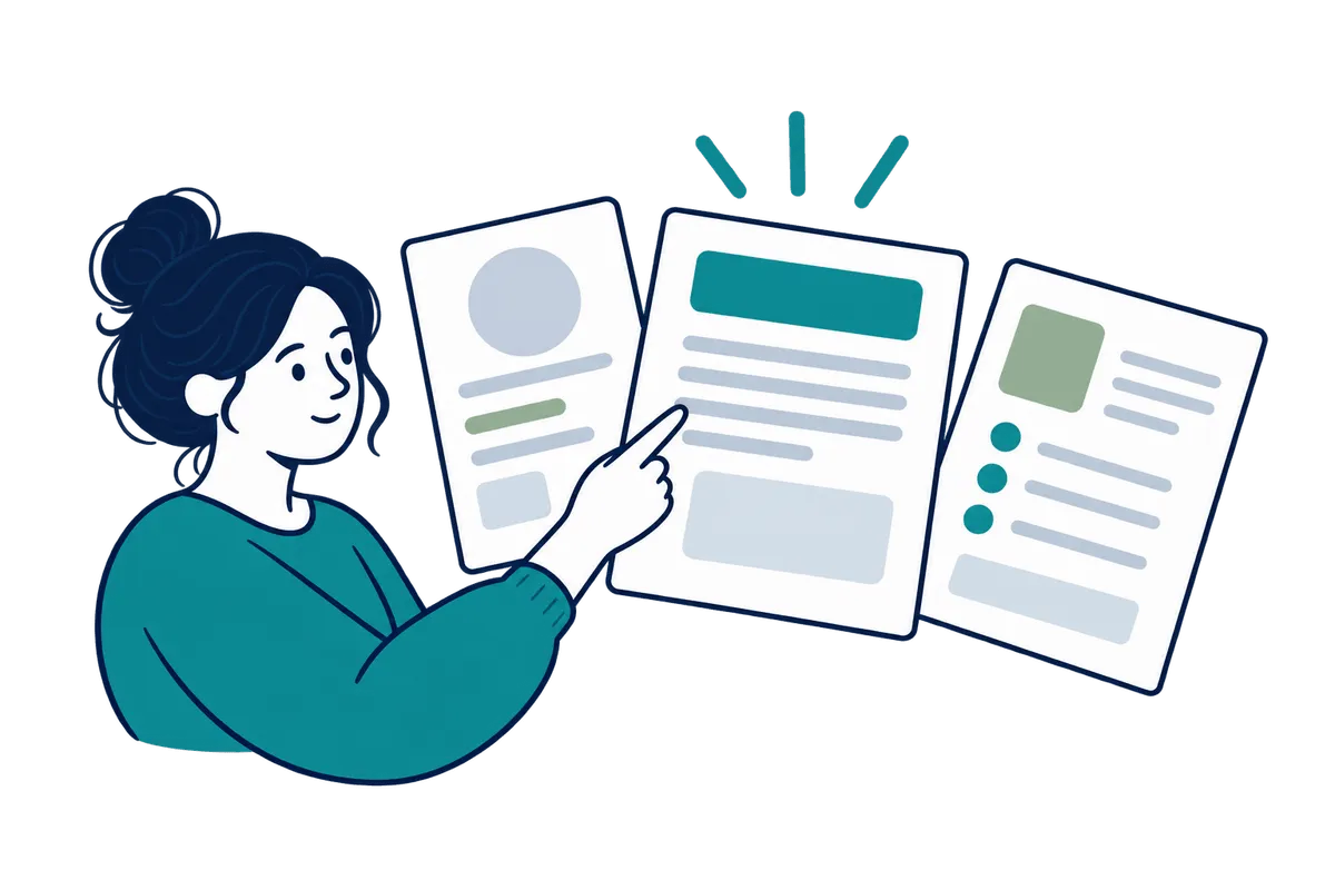 A woman pointing at three different certificate documents