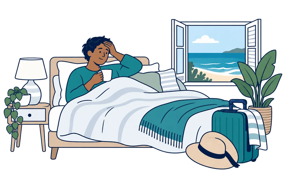 A man unwell in bed on holiday, with a suitcase and a beach view