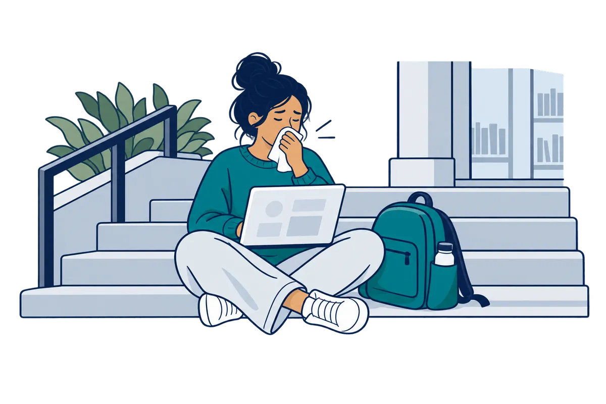 A student with a cold sitting on campus steps with a laptop