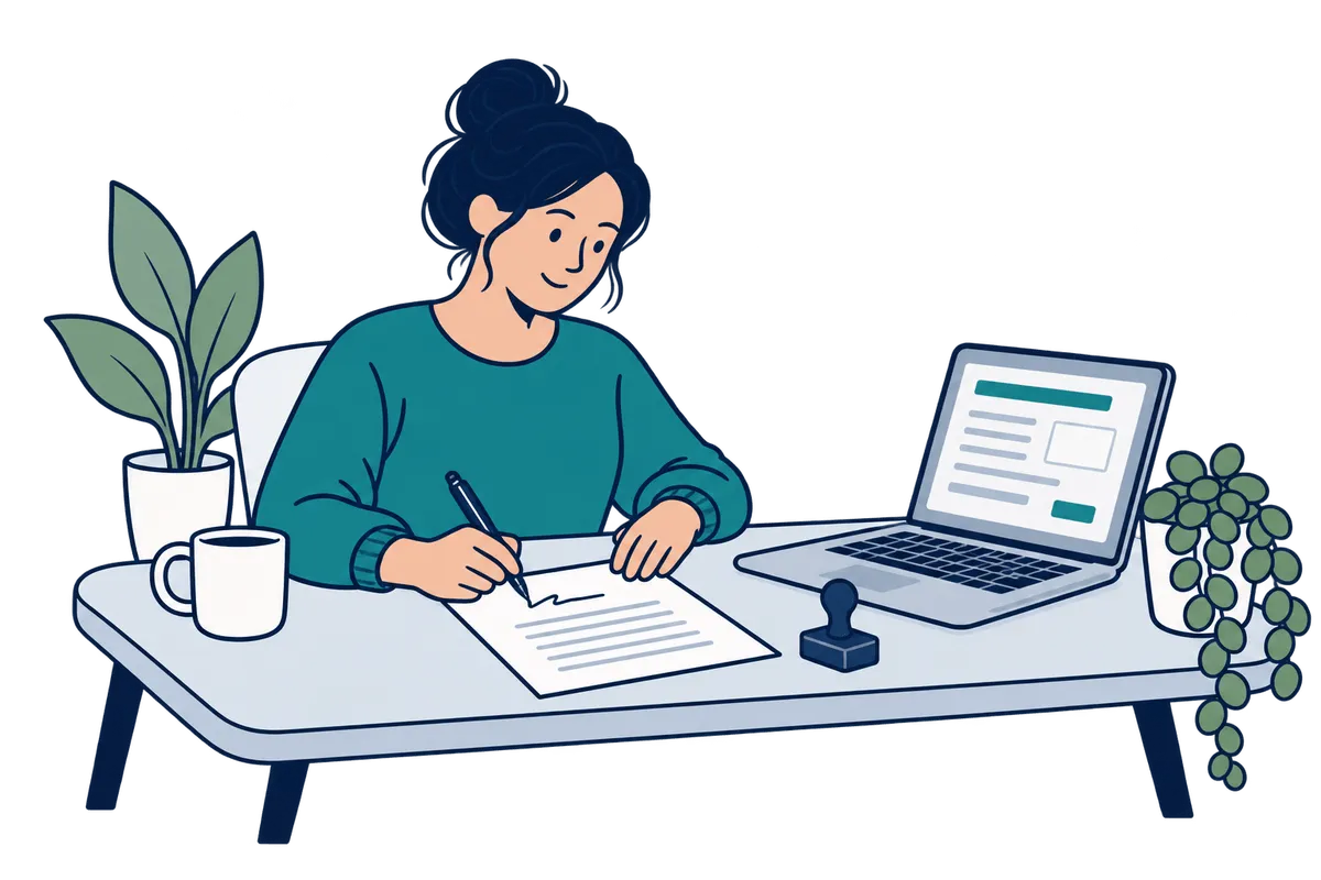 A woman signing a statutory declaration at her desk