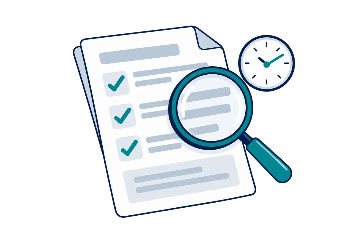A checklist being reviewed under a magnifying glass, with a clock
