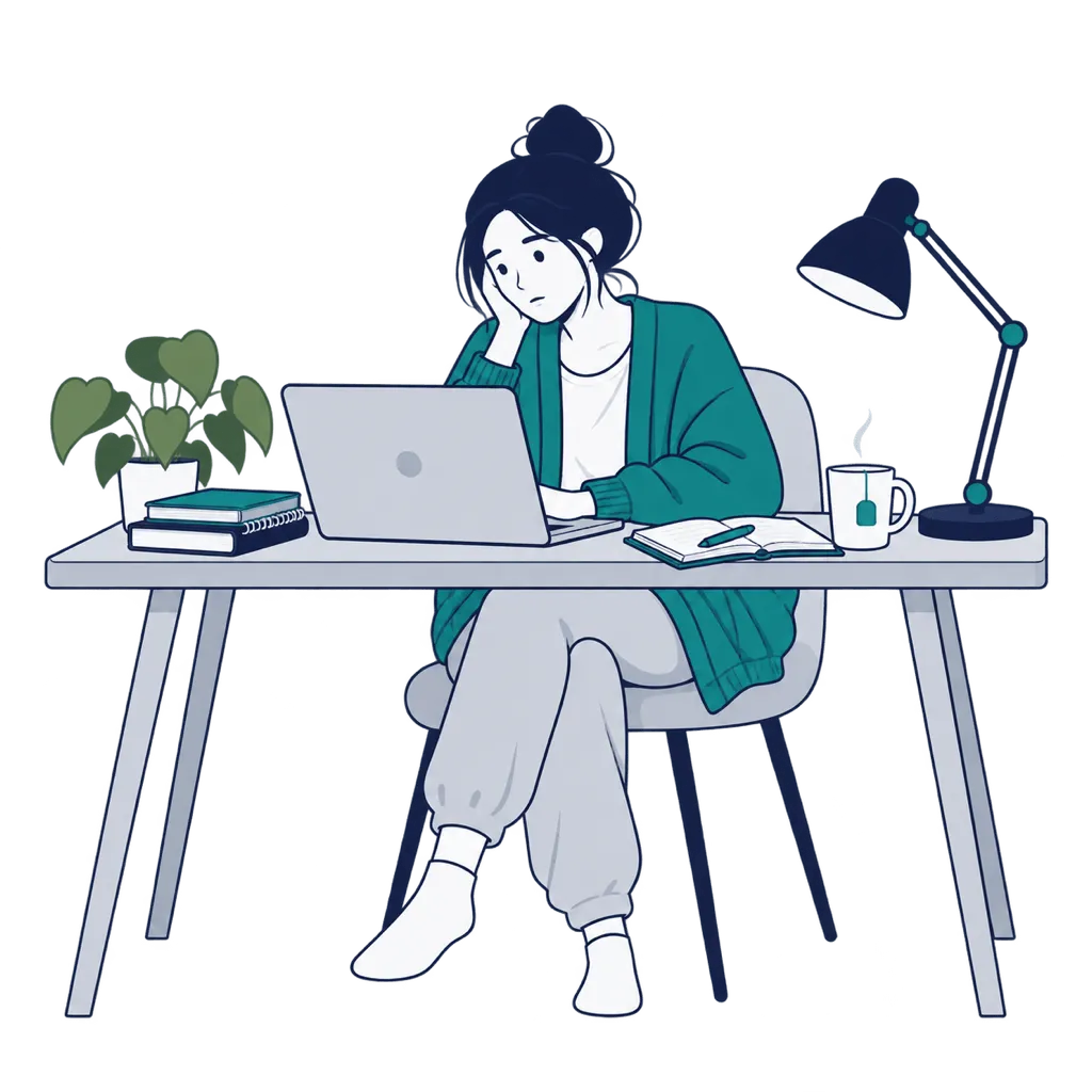 A student at a desk at home with a laptop and a cup of tea