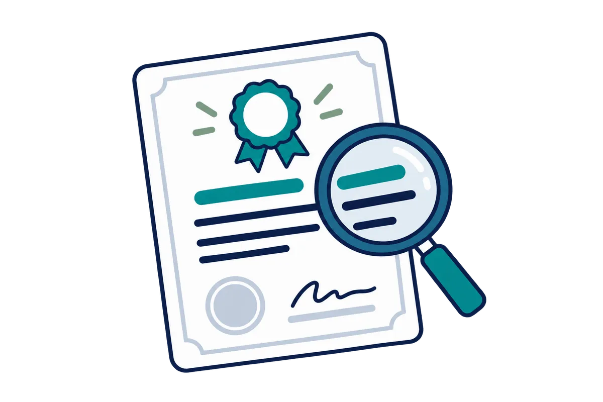 A certificate with a seal being checked under a magnifying glass