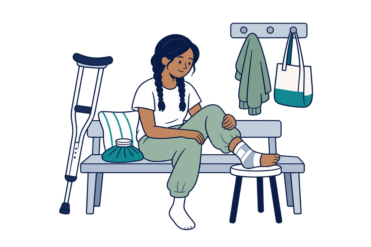 A young woman with an injured leg resting beside her crutches