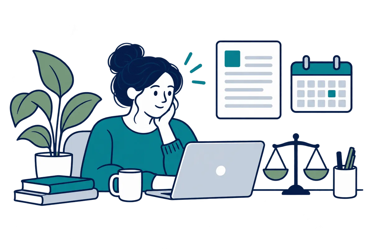 A woman at her laptop with a certificate, a calendar and legal scales