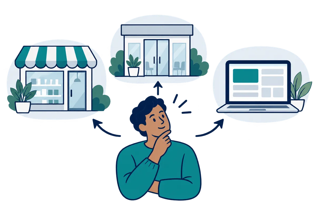 A man choosing between a pharmacy, a medical clinic and an online service